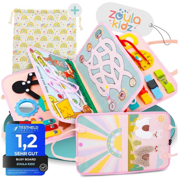 zoula kidz® Busy Board deutsch Montessori Spielzeug Ab 3 Jahre - Motorikspielzeug mit 6 interaktiven Spielseiten - Activity Board mit weichem Alpaka-Fell zum Ertasten - Busy Book für Reisen & Alltag