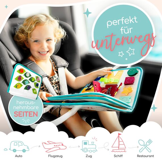 zoula kidz® Montessori Busy Board deutsch - Activity Board & Quiet Book mit 6 Seiten - sicheres & schadstofffreies Busy Book - ideales Kleinkind Spielzeug & Motorikspielzeug aus weichem Filz (Löwe)