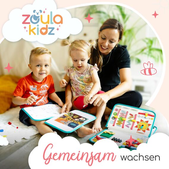 zoula kidz® Montessori Busy Board deutsch - Activity Board & Quiet Book mit 6 Seiten - sicheres & schadstofffreies Busy Book - ideales Kleinkind Spielzeug & Motorikspielzeug aus weichem Filz (Löwe)