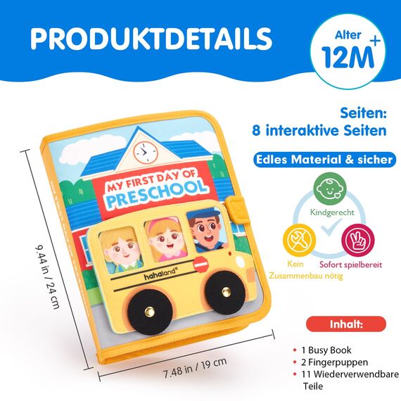 hahaland Mein erster Kindergartentag-Busy Board ab 1 Jahr, 10 Seiten Quiet Book, Vorschule Lernspielzeug ab 2 Jahre zur Eingewöhnung, Vorschulkinder Geschenk für Montessori Spielzeug ab 1 2 3 Jahre