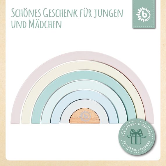Bieco Holz Regenbogen Baby Pastell | Steckspiel | Spielzeug Stapelturm Montessori Holzspielzeug ab 0 Monaten Holzregenbogen Stapel