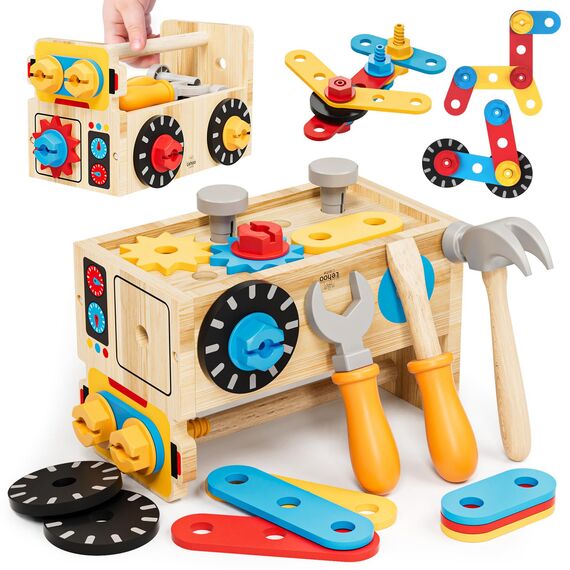 Lehoo Castle Montessori Spielzeug ab 2 Jahre Junge, Werkzeugkoffer Werkbank Kinderspielzeug, 29 Stück Werkzeug Holz Motorikspielzeug, Geschenk Junge Mädchen Lernspiele 2 3 4 Jahre