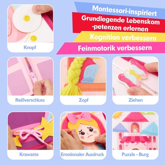 hahaland Prinzessinnen Thema Busy Board, 20 in 1 Quiet Book aus Weichem Stoff für Frühe Bildung, Schlossgeschichte Montessori Busy Book, Mädchen Spielzeug für 3 4 5 Jahr, Mädchen Geburtstags Geschenke