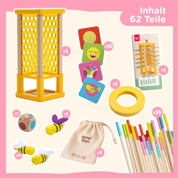 Nene Toys BEEFALL Bienen Geschicklichkeitsspiel für Kinder 3 4 5 6 Jahre – Holz-Turmspiel mit Würfel & Aktionskarten (3 Spielvarianten + Rainbow Sticks) – Montessori Spielzeug, Familienspiel