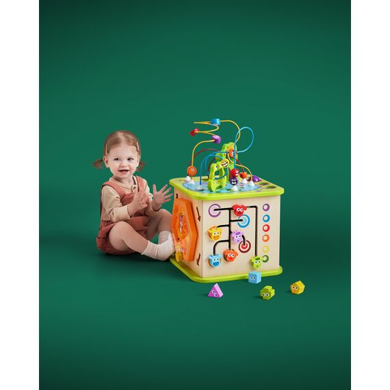 Hape Motorikwürfel „Kleine Tierchen“ - aus Holz, Multifunktions-Spielwürfel, Lernspielzeug aus Holz für Kleinkinder, fünfseitiges Busy Board, Montessori Spielzeug für Kinder ab 1 Jahr