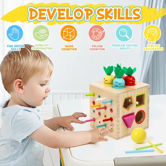 LZDMY Montessori Spielzeug ab 1 2 3 Jahr, 6 in 1 Motorikwürfel mit Karotten, Baby Holzspielzeug Sensorik Spielzeug, Motorik Spielzeug Kinder Steckspiel Geburtstag Ostern Geschenk für Junge Mädchen