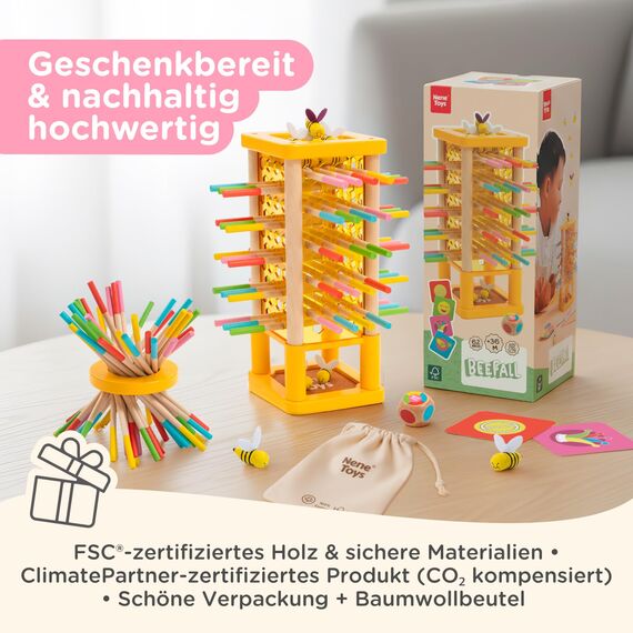 Nene Toys BEEFALL Bienen Geschicklichkeitsspiel für Kinder 3 4 5 6 Jahre – Holz-Turmspiel mit Würfel & Aktionskarten (3 Spielvarianten + Rainbow Sticks) – Montessori Spielzeug, Familienspiel