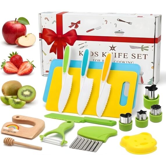 Kindermesser 16-teiliges Kinder Sicherheit Kochmesser Küchenmesser Set mit Gemüse Ausstechformen, Holzmesser, Schneidebrett etc. Montessori Spielzeug als Geburtstagsgeschenk für Kinder ab 3 Jahren
