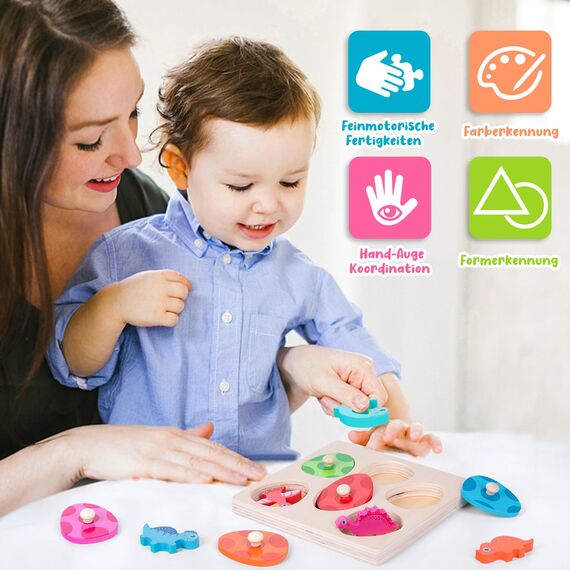 YGJT Greifpuzzle Holzpuzzle ab 1 Jahr | Montessori Holzspielzeug 12-36 Monate Mädchen und Jungen | Dino Eier Steckpuzzle Kinder Sortierspiel Motorikspielzeug Lernspielzeug | Ostern Geschenk für Baby