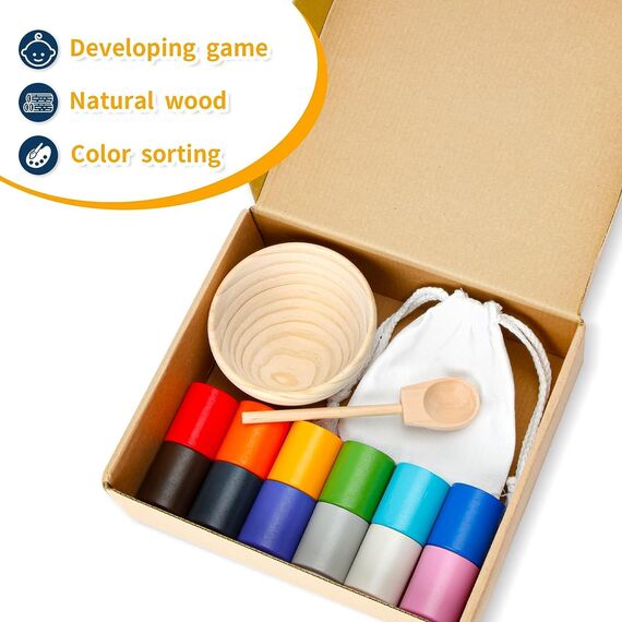 Montessori Spielzeug ab 3 Jahr, Holz Sortier Stapelspielzeug, 12 Kugeln 30 mm Regenbogen Holzkugeln in Tassen, Baby Spielzeug für Vorschule für Farbsortierung und Zählen, Geschenk ab 2 3 4 5 Jahr