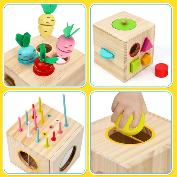 LZDMY Montessori Spielzeug ab 1 2 3 Jahr, 6 in 1 Motorikwürfel mit Karotten, Baby Holzspielzeug Sensorik Spielzeug, Motorik Spielzeug Kinder Steckspiel Geburtstag Ostern Geschenk für Junge Mädchen