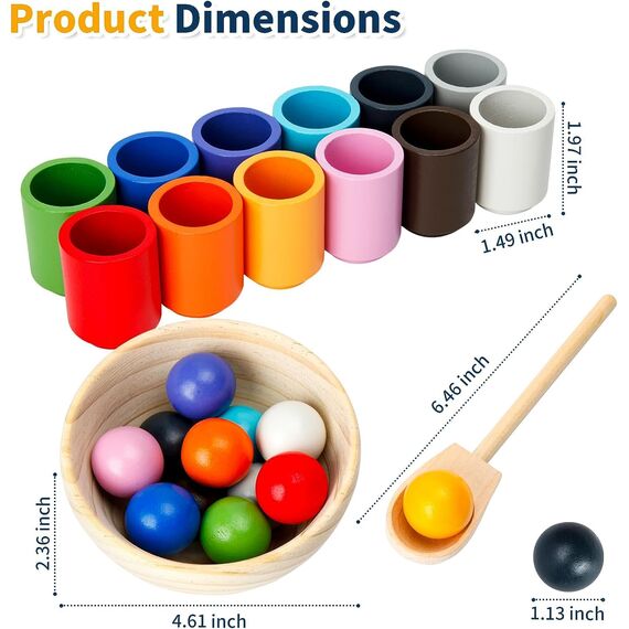 Montessori Spielzeug ab 3 Jahr, Holz Sortier Stapelspielzeug, 12 Kugeln 30 mm Regenbogen Holzkugeln in Tassen, Baby Spielzeug für Vorschule für Farbsortierung und Zählen, Geschenk ab 2 3 4 5 Jahr