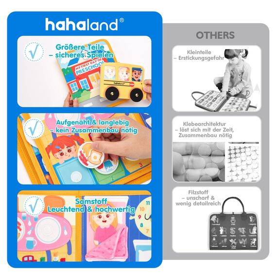 hahaland Mein erster Kindergartentag-Busy Board ab 1 Jahr, 10 Seiten Quiet Book, Vorschule Lernspielzeug ab 2 Jahre zur Eingewöhnung, Vorschulkinder Geschenk für Montessori Spielzeug ab 1 2 3 Jahre