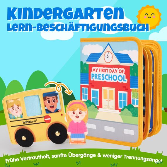 hahaland Mein erster Kindergartentag-Busy Board ab 1 Jahr, 10 Seiten Quiet Book, Vorschule Lernspielzeug ab 2 Jahre zur Eingewöhnung, Vorschulkinder Geschenk für Montessori Spielzeug ab 1 2 3 Jahre