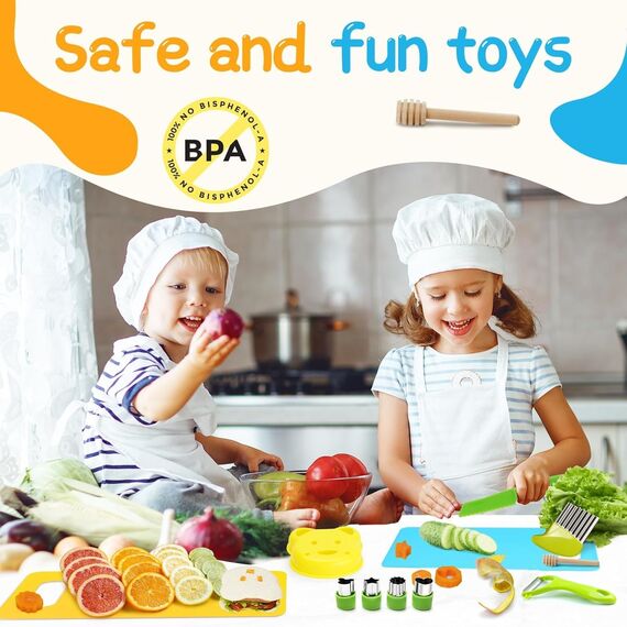 Kindermesser 16-teiliges Kinder Sicherheit Kochmesser Küchenmesser Set mit Gemüse Ausstechformen, Holzmesser, Schneidebrett etc. Montessori Spielzeug als Geburtstagsgeschenk für Kinder ab 3 Jahren