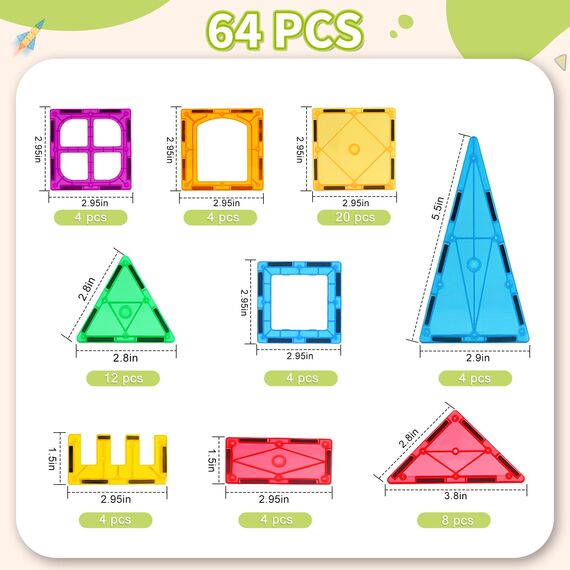 Katiago Magnetische Bausteine, 64 Teile Magnet Bausteine Spielzeug Kinder 3D Farbenfrohe Starterset Magnetische Bauklötze mit 1 Auto für Kinder ab 3 4 5 6 Jahre Geburtstag Geschenk