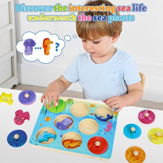LZDMY Montessori Spielzeug ab 1 Jahr Baby Holzpuzzle, Meer Motorikspielzeug für 10-36 Monate Mädchen Junge Kinder Greifpuzzle Steckspielzeug Sortierspiel Geburtstag Ostern Weihnacht Geschenk