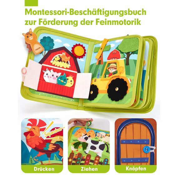 hahaland Montessori Spielzeug ab 1 Jahr – Bauernhof Thema Quiet Book, 20-in-1 Busy Board Weichem Filz für Frühe Bildung, Busy Book für Autofahrt, Spielzeug ab 1 2 3 Jahre, Geschenk zum 1 Geburtstag