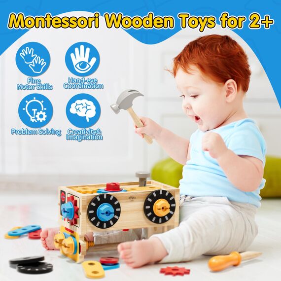 Lehoo Castle Montessori Spielzeug ab 2 Jahre Junge, Werkzeugkoffer Werkbank Kinderspielzeug, 29 Stück Werkzeug Holz Motorikspielzeug, Geschenk Junge Mädchen Lernspiele 2 3 4 Jahre