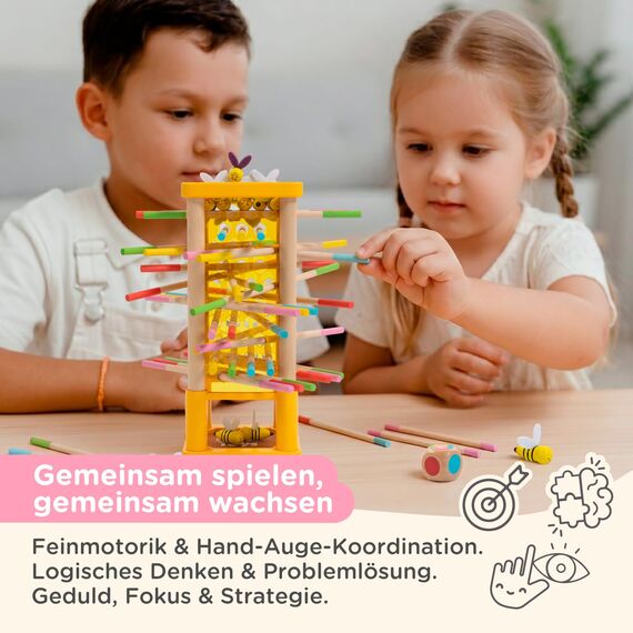 Nene Toys BEEFALL Bienen Geschicklichkeitsspiel für Kinder 3 4 5 6 Jahre – Holz-Turmspiel mit Würfel & Aktionskarten (3 Spielvarianten + Rainbow Sticks) – Montessori Spielzeug, Familienspiel