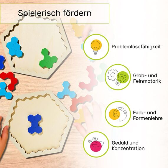 CUBIDI® Kreatives Montessori Tangram Hexagon | Fördert logisches Denken und räumliche Vorstellungskraft | Geschicklichkeitsspiel aus hochwertigem Holz | Lernspiele ab 4 Jahre für Jungen und Mädchen