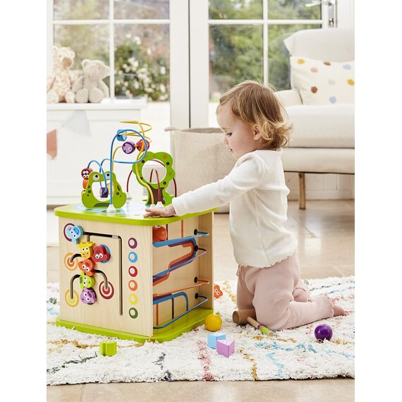 Hape Motorikwürfel „Kleine Tierchen“ - aus Holz, Multifunktions-Spielwürfel, Lernspielzeug aus Holz für Kleinkinder, fünfseitiges Busy Board, Montessori Spielzeug für Kinder ab 1 Jahr