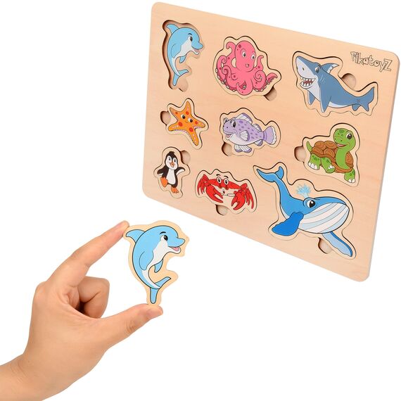 PikatoyZ® Holzspielzeug ab 1 Jahr, 2 und 3 Jahre – Montessori Steckpuzzle mit Meerestieren – Kinderpuzzle und Lernspiel Kleinkinder
