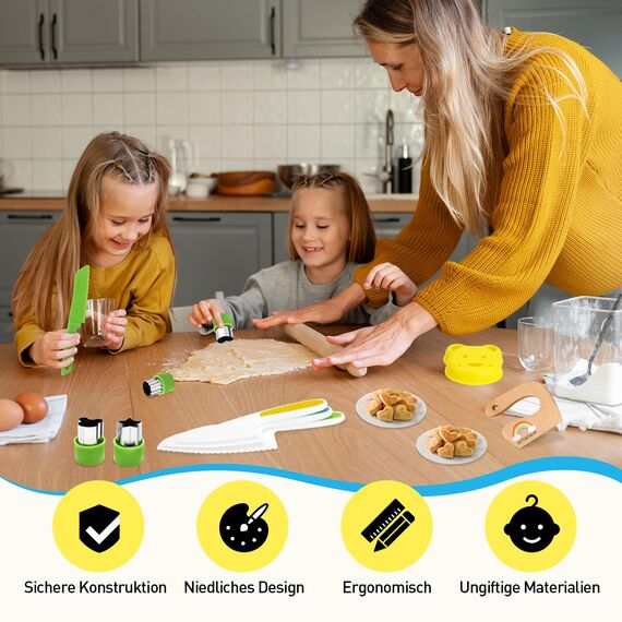 Kindermesser 16-teiliges Kinder Sicherheit Kochmesser Küchenmesser Set mit Gemüse Ausstechformen, Holzmesser, Schneidebrett etc. Montessori Spielzeug als Geburtstagsgeschenk für Kinder ab 3 Jahren