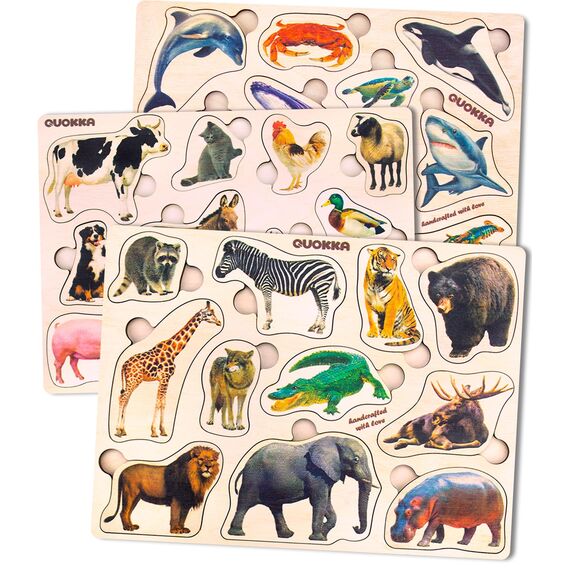 QUOKKA Spielzeug Puzzle ab 1 2 Jahre - 3 Set Montessori Holz Steckpuzzle für Kinder ab 3 4 - Realistischer Tiere Holzpuzzle ab 2 Jahre - Lernspielzeug für Mädchen and Jungen