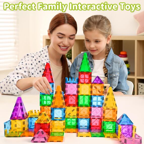 Katiago Magnetische Bausteine, 64 Teile Magnet Bausteine Spielzeug Kinder 3D Farbenfrohe Starterset Magnetische Bauklötze mit 1 Auto für Kinder ab 3 4 5 6 Jahre Geburtstag Geschenk