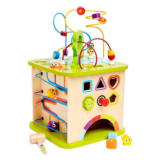 Hape Motorikwürfel „Kleine Tierchen“ - aus Holz, Multifunktions-Spielwürfel, Lernspielzeug aus Holz für Kleinkinder, fünfseitiges Busy Board, Montessori Spielzeug für Kinder ab 1 Jahr
