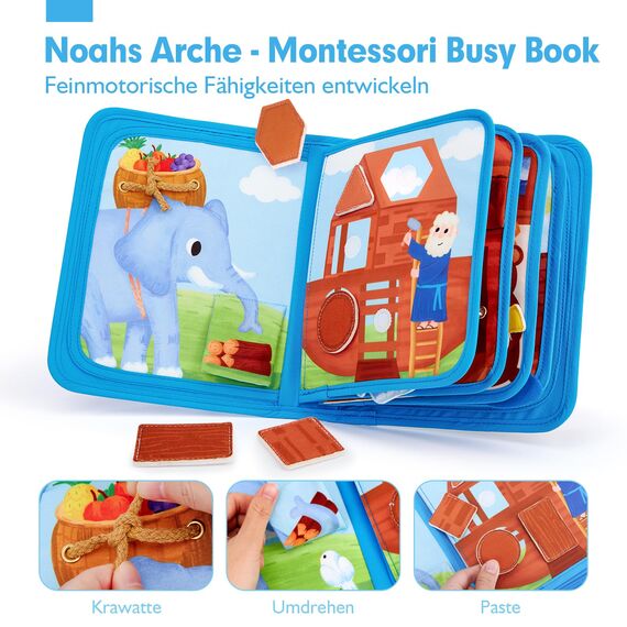 hahaland Quiet Book ab 1 Jahr - Arche Noah Bibelgeschichte, 18 Klassische Aktivitäten Busy Board Fördert Feinmotorik, Kinderbuch ab 1 Jahr Taufe Geschenk, Busy Book Montessori Spielzeug ab 1 2 3 Jahr