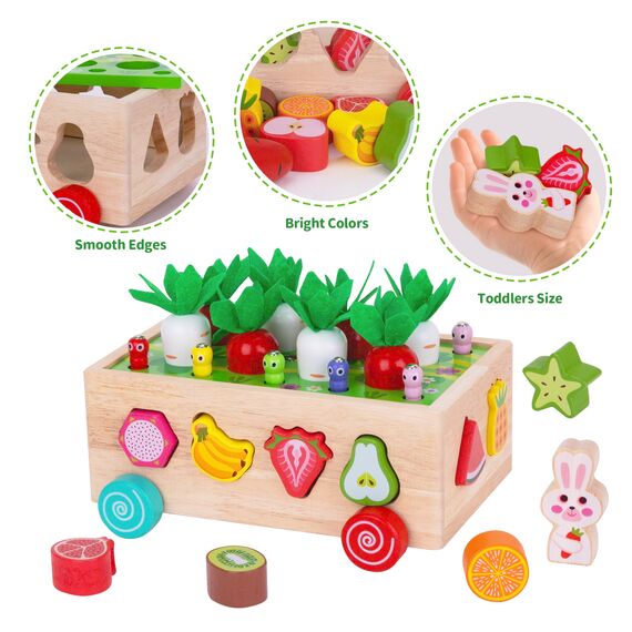 KMTJT Kinder Montessori Spielzeug ab 1 2 3 Jahr | 7-in-1 Holzspielzeug 2 Jahre | Steckspiel Sortierspiel Holzpuzzle Karottenernte | Lernspielzeug Geschenk für Mädchen Jungen Kinder Kleinkind