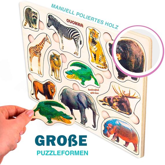 QUOKKA Spielzeug Puzzle ab 1 2 Jahre - 3 Set Montessori Holz Steckpuzzle für Kinder ab 3 4 - Realistischer Tiere Holzpuzzle ab 2 Jahre - Lernspielzeug für Mädchen and Jungen
