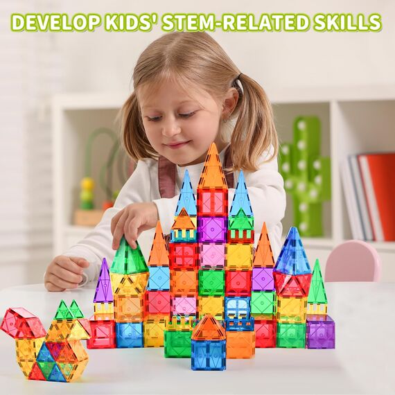 Katiago Magnetische Bausteine, 64 Teile Magnet Bausteine Spielzeug Kinder 3D Farbenfrohe Starterset Magnetische Bauklötze mit 1 Auto für Kinder ab 3 4 5 6 Jahre Geburtstag Geschenk