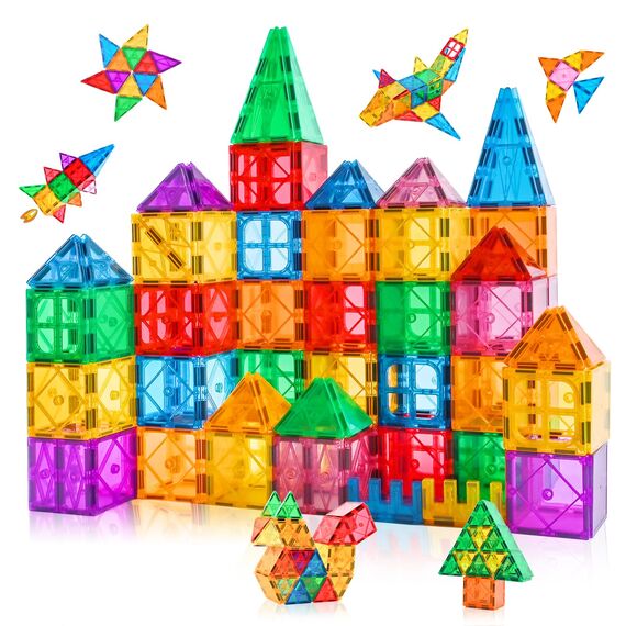 Katiago Magnetische Bausteine, 64 Teile Magnet Bausteine Spielzeug Kinder 3D Farbenfrohe Starterset Magnetische Bauklötze mit 1 Auto für Kinder ab 3 4 5 6 Jahre Geburtstag Geschenk