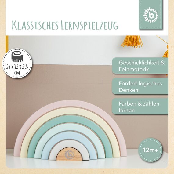 Bieco Holz Regenbogen Baby Pastell | Steckspiel | Spielzeug Stapelturm Montessori Holzspielzeug ab 0 Monaten Holzregenbogen Stapel