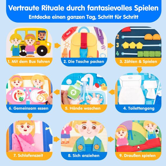 hahaland Mein erster Kindergartentag-Busy Board ab 1 Jahr, 10 Seiten Quiet Book, Vorschule Lernspielzeug ab 2 Jahre zur Eingewöhnung, Vorschulkinder Geschenk für Montessori Spielzeug ab 1 2 3 Jahre