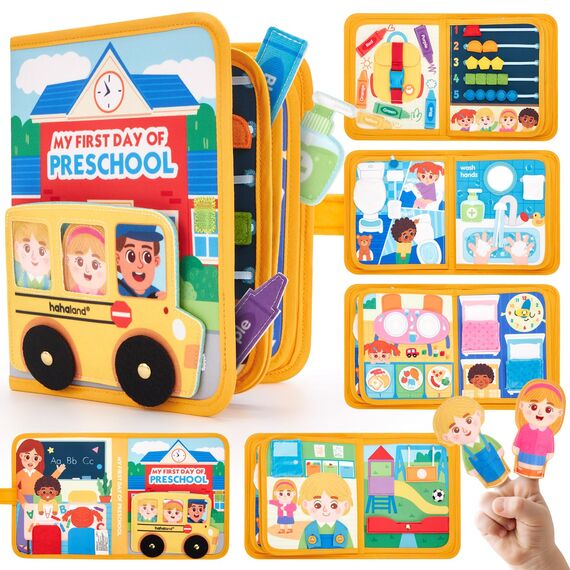 hahaland Mein erster Kindergartentag-Busy Board ab 1 Jahr, 10 Seiten Quiet Book, Vorschule Lernspielzeug ab 2 Jahre zur Eingewöhnung, Vorschulkinder Geschenk für Montessori Spielzeug ab 1 2 3 Jahre