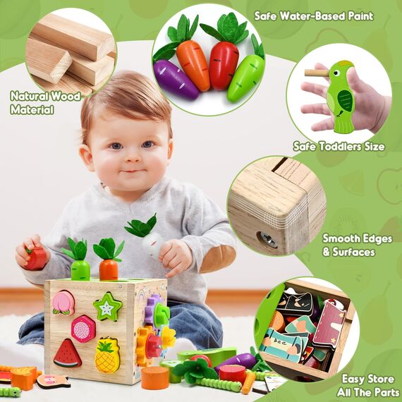 AiTuiTui Motorikwürfel 5 in 1 Aktivitätswürfel Spielzeug Geschenk, 49 Pcs Montessori Lernspielzeug Steckwürfel Holzspielzeug für Kinder, Activity Center Baby ab 18 Monaten Geburtstag Ostern Geschenk