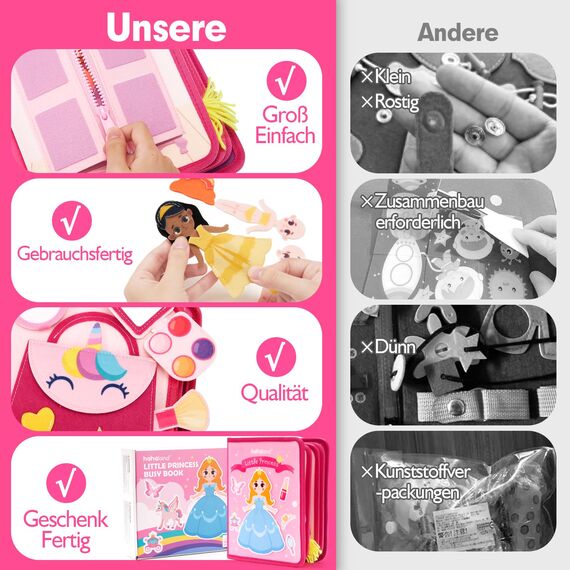 hahaland Prinzessinnen Thema Busy Board, 20 in 1 Quiet Book aus Weichem Stoff für Frühe Bildung, Schlossgeschichte Montessori Busy Book, Mädchen Spielzeug für 3 4 5 Jahr, Mädchen Geburtstags Geschenke