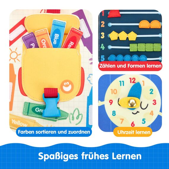 hahaland Mein erster Kindergartentag-Busy Board ab 1 Jahr, 10 Seiten Quiet Book, Vorschule Lernspielzeug ab 2 Jahre zur Eingewöhnung, Vorschulkinder Geschenk für Montessori Spielzeug ab 1 2 3 Jahre