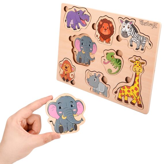 PikatoyZ® Steckspiel ab 1 Jahr, 2 und 3 Jahre – Montessori Holzpuzzle für Jungen und Mädchen Kinder – Holzspielzeug mit Dschungeltieren