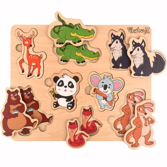 PikatoyZ® Kinderpuzzle ab 1, 2 und 3 Jahre – Montessori Lernspiel mit Waldtieren – Holzpuzzle Steckspiel für Jungen und Mädchen – Geschenkidee für Kinder