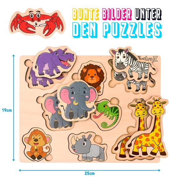 PikatoyZ® Steckspiel ab 1 Jahr, 2 und 3 Jahre – Montessori Holzpuzzle für Jungen und Mädchen Kinder – Holzspielzeug mit Dschungeltieren