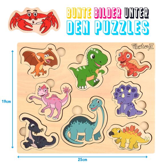 PikatoyZ® Holzpuzzle ab 1 Jahr, 2 und 3 Jahre – Montessori Steckspiel mit Dinosauriern – Lernspielzeug für Jungen Kinder