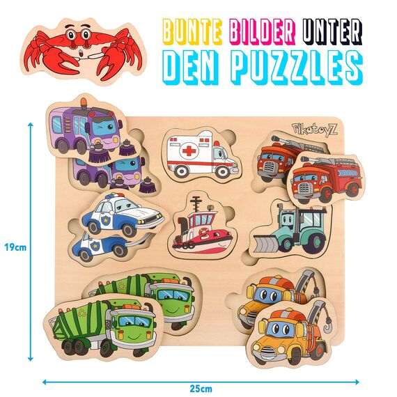 PikatoyZ® Montessori Spielzeug ab 1 Jahr, 2 und 3 Jahre – Holzpuzzle mit Hilfsfahrzeugen – Kinderpuzzle und Steckspiel Kleinkinder