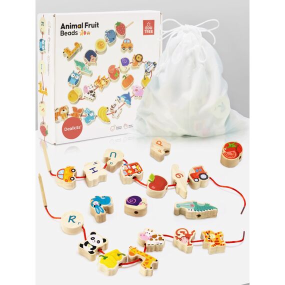 DealKits Fädelspiel ab 2 Jahren, Montessori Spielzeug Lernspiel Holzspielzeug, 42 Stück Holzperlen Fädelperlen zum Auffädeln, Geburtstagsgeschenk für 1-3 Kleinkinder, Adventskalender Füllung