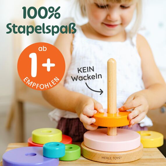 Merle Toys® Stapelturm Holz, 100% FSC-zertifiziertes Holzspielzeug Baby, Stapelturm ab 1 Jahr, Montessori Spielzeug, Stapelspiel ab 1 Jahr, BPA-Frei, Baby Spielzeug aus Holz, 8X Bunte Stapelringe