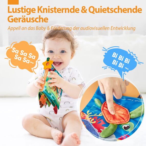 hahaland Baby Spielzeug 0-6 Monate Stoffbuch 2 Stück,Tierschwänze Interaktive Fühlbuch Knisterbuch,Sensorisches Babybuch mit Spiegel Rassel,Weichen Stoff Bücher für Neugeborene Weihnachten Geschenk